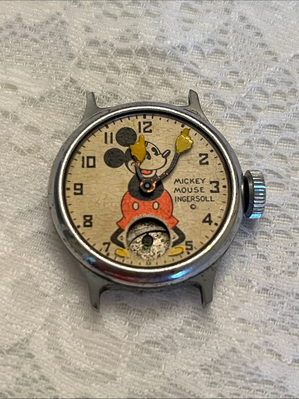 Vintage 1930’s Ingersoll Mickey Mouse Watch Dial with Yellow Hand Pointers